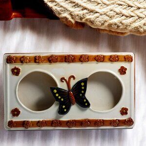 Rare Vintage Double Photo Ceramic Frame LEGO Japan Brown, Butterflies & Flowers